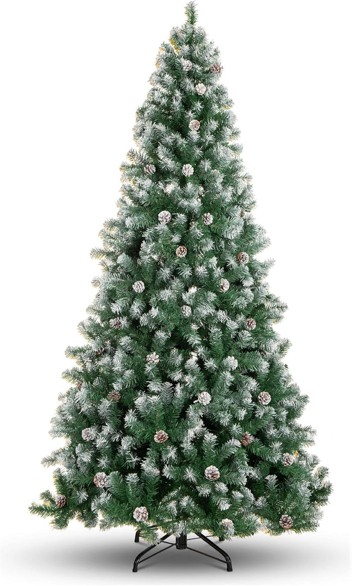 Best Choice Products 6ft Pre-Decorated Holiday Christmas Tree for Home, Office, Party Decoration w/ 1,000 PVC Branch Tips, Partially Flocked Design, Pine Cones, Metal Hinges & Base