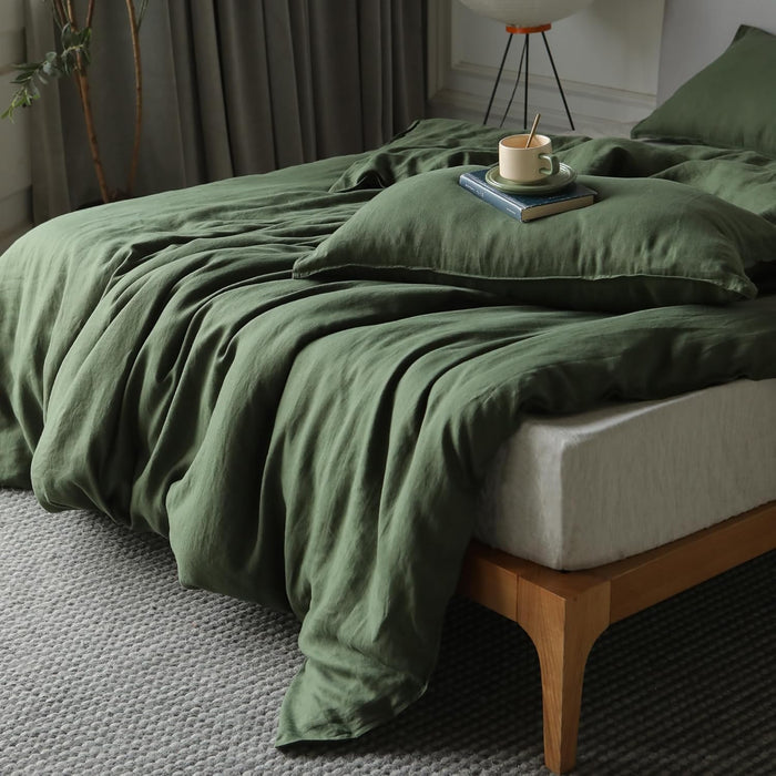 XZ XIFA 100% Natural French Flax Linen Duvet Cover King, Olive Green Cooling Duvet Cover Set, Soft,Textured,Lightweight,Fluffy Linen Bedding Cover Set for Hot Sleepers(1Duvet Cover,2Pillowcases)