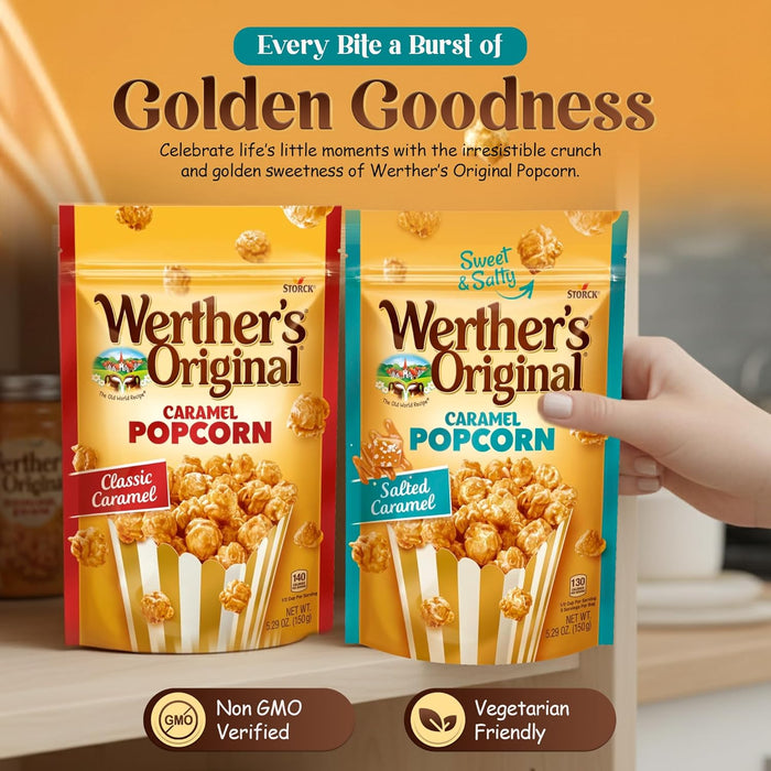 Werthers Caramel Crunch Topping Popcorn Duo Pack – Classic & Salted Caramel Flavours, 2 × 5.29 oz Resealable Popcorn Bags – Gourmet Sweet & Salty Snack Box Gifts for Movie Nights