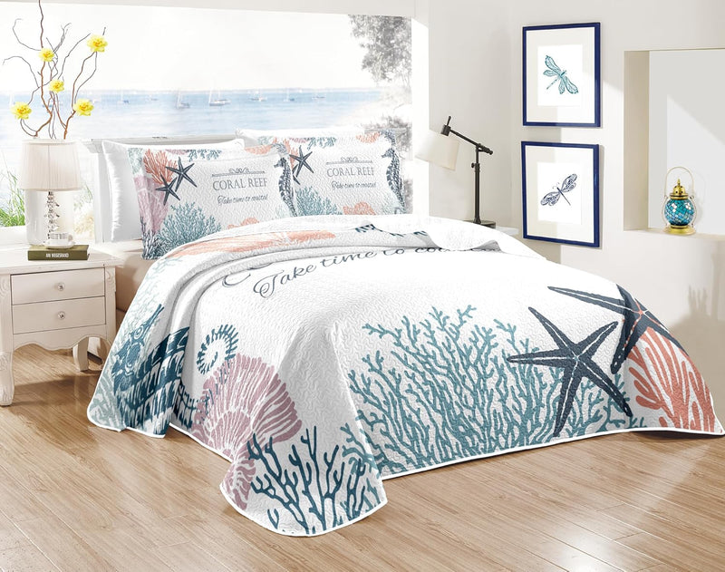 weesire Coastal Bedding Queen Size Coastal Quilt with 2 Shams, Nautical Beach Comforter Sets Ocean Bedspreads Blue Seahorse Coverlet Summer Bedding, 90''x96''