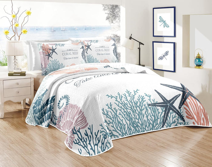 weesire Coastal Bedding Queen Size Coastal Quilt with 2 Shams, Nautical Beach Comforter Sets Ocean Bedspreads Blue Seahorse Coverlet Summer Bedding, 90''x96''