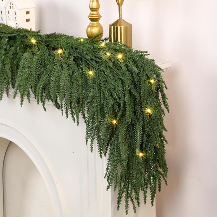 9ft Artificial Christmas Garland with Lights, Real Touch Norfolk Pine Garland - Pine Garlands, Green Christmas Garland for Mantle, Table, Fireplace, Indoor, Outdoor Christmas Decorations