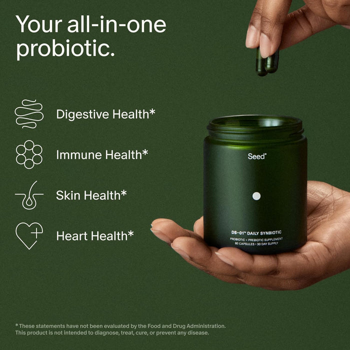 Seed DS-01 Daily Synbiotic - Prebiotic and Probiotic for Women & Men - Digestive Health, Gut Health, Immune Support, Bloating & Constipation Relief - Vegan & Shelf-Stable - 60 Capsules (30-Day Supply)