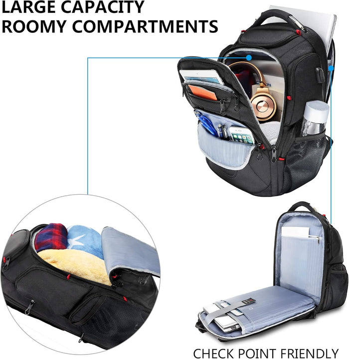 KROSER TSA Friendly Travel Laptop Backpack 17.3 inch XL Computer Backpack Water-Repellent College Daypack Business Backpack with RFID Pockets & USB Port for Men/Women-Black