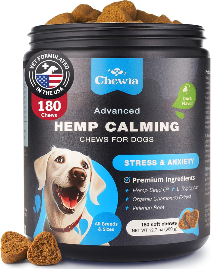 Hemp Calming Chews for Dogs - Dog Calming Treats - Anxiety Relief for Dogs with L-Theanine, Chamomile Extract, Valerian Root - Dog Anxiety Relief for Travel, Vet Visits, Thunderstorms, Nail Trimming