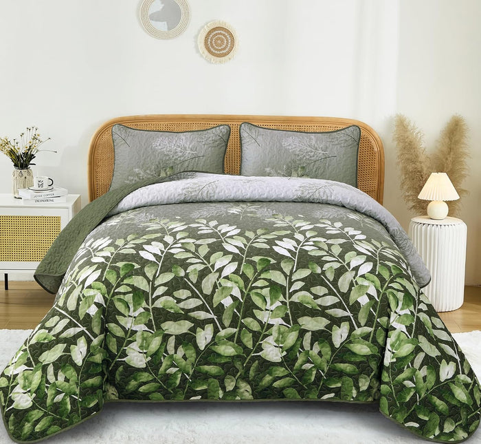 WONGS BEDDING Blue Quilt Set Queen Size,3 Pieces Navy Blue Floral Bedspread Coverlet Set,Soft Microfiber Lightweight Grayish Blue Gradient Floral Bedding Set Queen 96"x90"