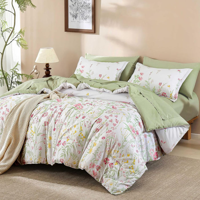 Yiran Blue Floral Comforter Set Queen Size, 7 Piece Watercolour Botanical Comforter Bedding Set, Bed in a Bag Queen, Soft Microfiber Complete Bedding Set with Sheets for All Season
