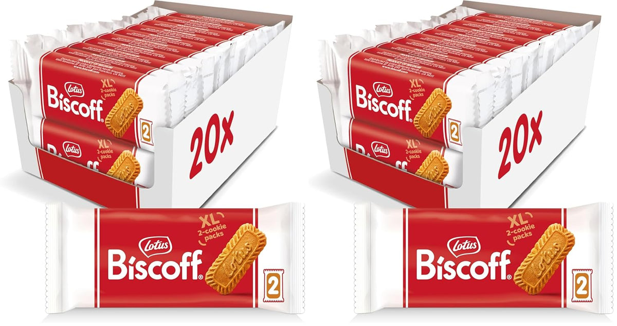 Lotus Biscoff Cookies, Caramelized Biscuit Cookie Snack, Dispenser Box (20 sleeves of 2 extra large cookies) Vegan, 0.9 Ounce (Pack of 20)