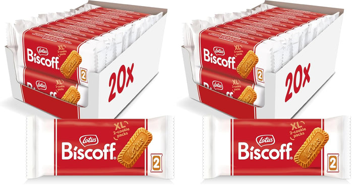 Lotus Biscoff Cookies, Caramelized Biscuit Cookie Snack, Dispenser Box (20 sleeves of 2 extra large cookies) Vegan, 0.9 Ounce (Pack of 20)