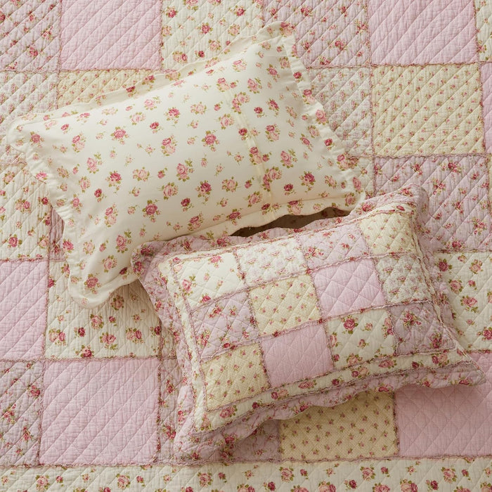 Cozyholy Queen Size Quilt Set 3-Piece, 100% Cotton Patchwork Quilt, Pink Floral Reversible Shabby Chic Bedding Bedspread for All Season, Soft Quilted Blanket with 2 Pillow Shams Machine Washable