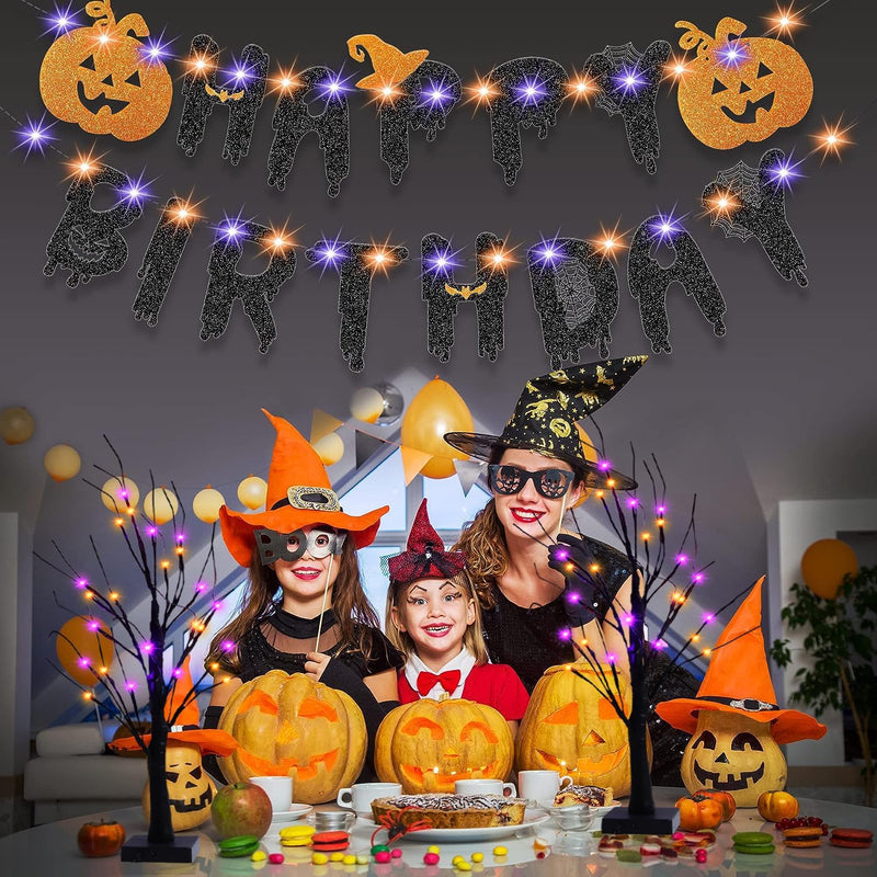 2 Pack 24 Inch Halloween Black Spooky Tree with Orange & Purple Lights, USB&Battery Operated Tabletop Halloween Black Tree with Timer for Indoor Home Holiday Party Decorations