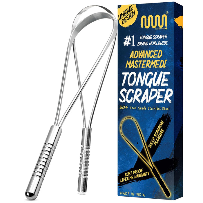 MasterMedi Tongue Scraper for Adults with Multicolor Travel Cases (2 Pack), 100% Stainless Steel, Reduce Bad Breath, Tongue Scrubber, Easy to Use, Tongue Cleaner for Oral Care & Hygiene
