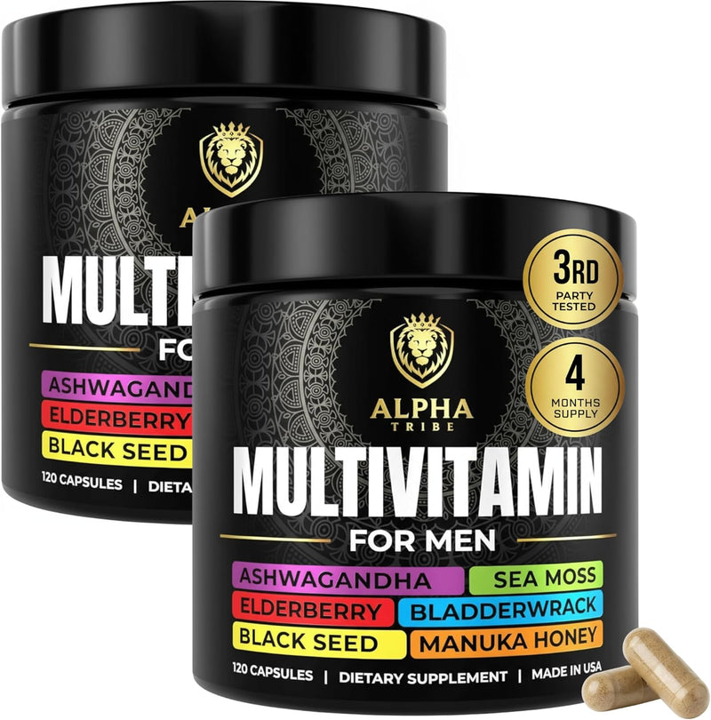 Alpha Tribe Multivitamin for Men with Sea Moss, Black Seed Oil, Ashwagandha, Turmeric Bladderwrack, Burdock,Vitamin C, Elderberry, Manuka, Yellow Dock | Daily Men's Vitamins and Minerals Supplement