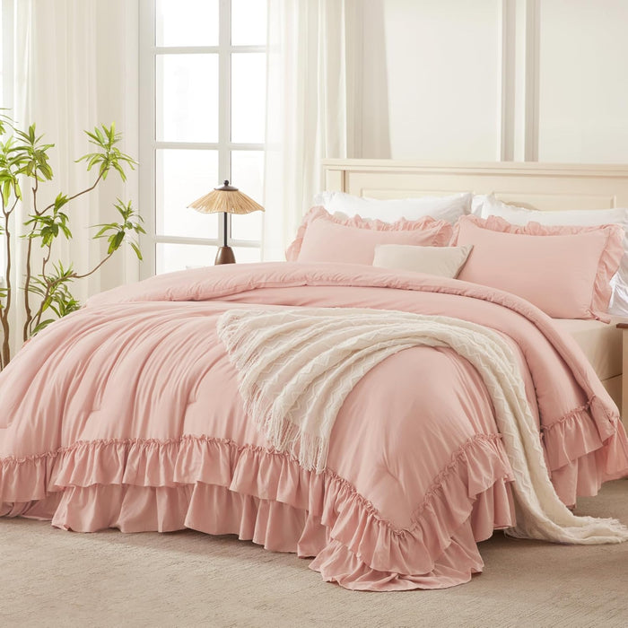 Andency White Comforter Set Queen Size, Lightweight Fluffy Farmhouse White Ruffle Bedding Set, Soft Microfiber All Season Shabby Chic Bed Comforter Set 3 Pieces(1 Ruffle Comforter 2 Pillowcases)