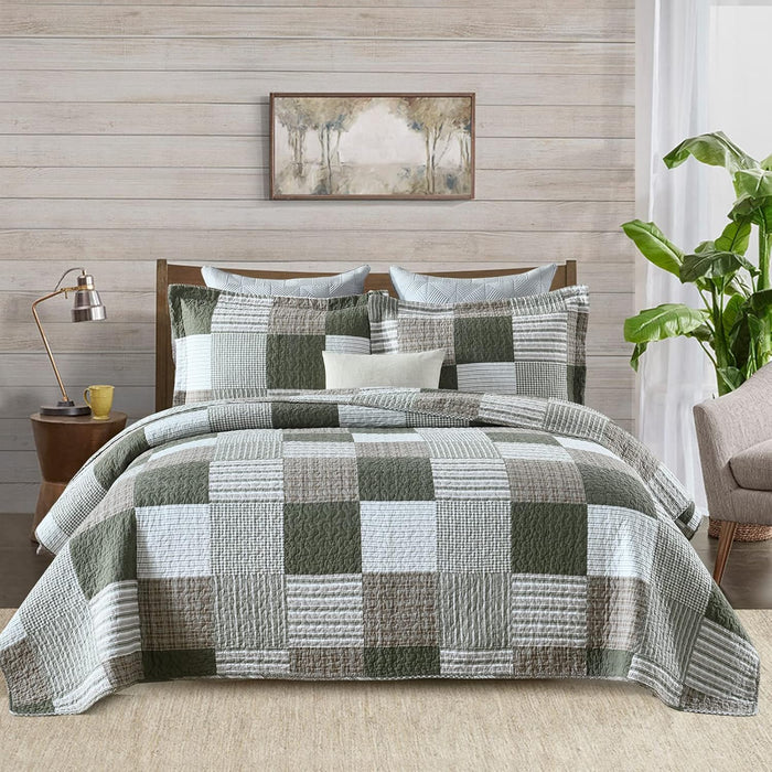 Finlonte Quilts Queen Size - 100% Cotton Queen Comforter Set Green Moonbeam White Plaid Farmhouse Quilt Bedding Set, Reversible Lightweight Soft Bedspread, Quilted Coverlet All-Season, 3-Piece