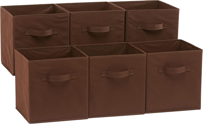Amazon Basics Cube Organizer Storage Bins Handles, Collapsible Fabric, Pack of 6, 10.5"x10.5"x11", White/ Light Grey Stripe