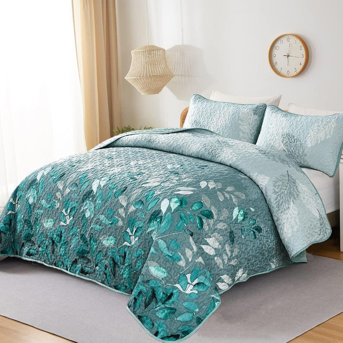 WONGS BEDDING Blue Quilt Set Queen Size,3 Pieces Navy Blue Floral Bedspread Coverlet Set,Soft Microfiber Lightweight Grayish Blue Gradient Floral Bedding Set Queen 96"x90"