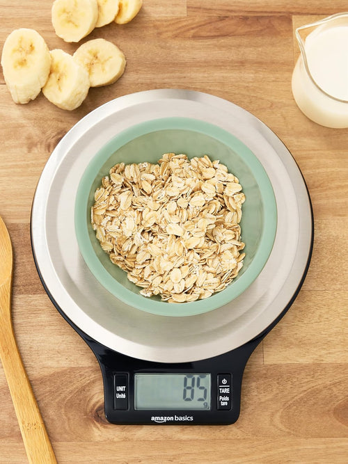 Amazon Basics Digital Kitchen Scale with LCD Display, Batteries Included, Weighs up to 11 pounds, Black and Stainless Steel