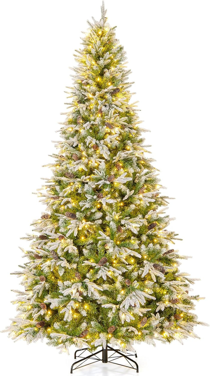 Goplus 7.5 FT Pre-Lit Artificial Christmas Tree, Snow Flocked Hinged Xmas Tree with 470 Warm-White LED Lights, 1135 Tips, 81 Pine Cones, Lighted Xmas Tree for Office Home Decoration