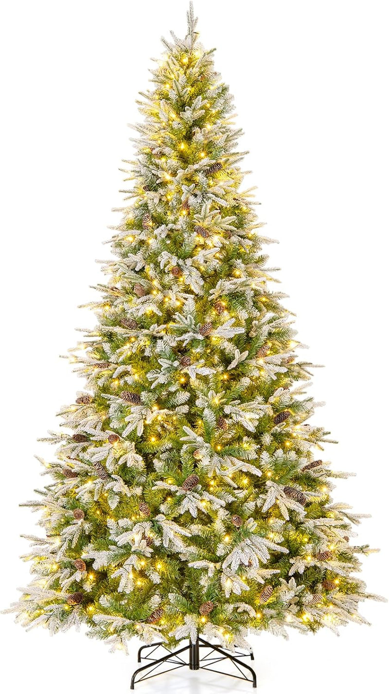 Goplus 7.5 FT Pre-Lit Artificial Christmas Tree, Snow Flocked Hinged Xmas Tree with 470 Warm-White LED Lights, 1135 Tips, 81 Pine Cones, Lighted Xmas Tree for Office Home Decoration