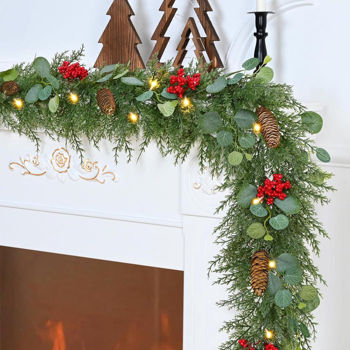 Waipfaru Christmas Decorations, 5.9FT Christmas Garland with Lights, Prelit Lighted Christmas Greenery Cedar Garland Cypress for Home Table Mantel Stair Railing Indoor Outdoor Xmas Decor