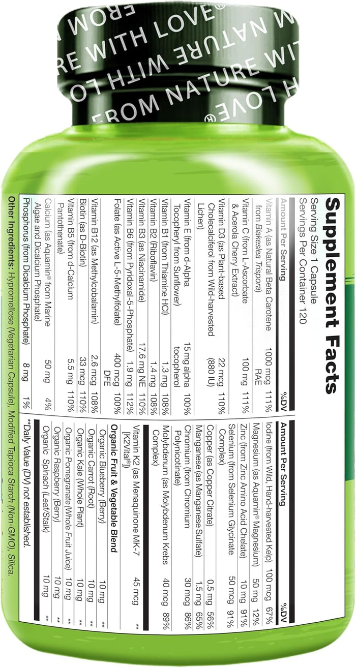 NATURELO Mens Multivitamins - One Daily Multivitamin for Men with Vitamins, Minerals & Organic Whole Foods, Boost Energy & Health, Non-GMO, 120 Vegetarian Capsules