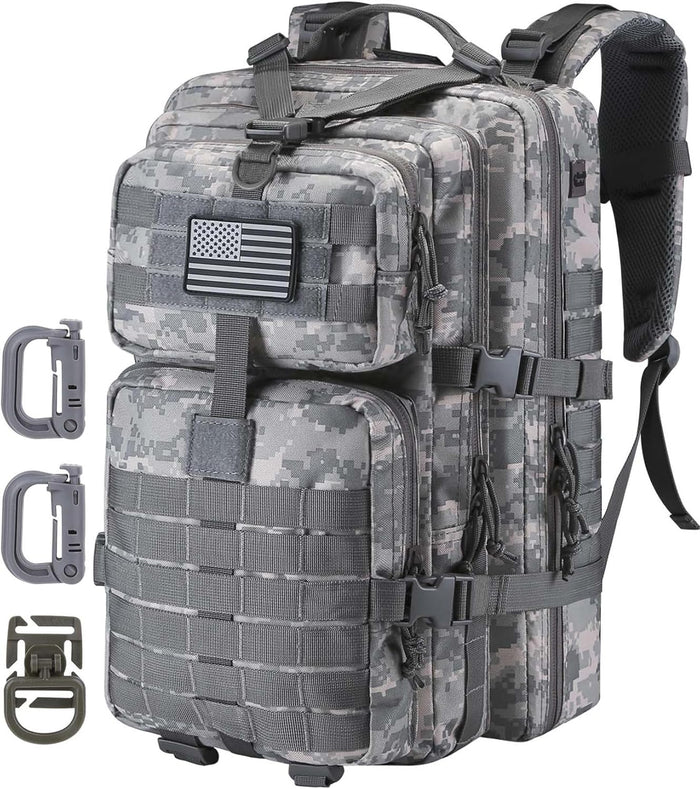 MOLLE Assault Backpack, Tactical Backpack Military Army Camping Rucksack, 3-Day Pack Trip w/USA Flag Patch, D-Rings, Black