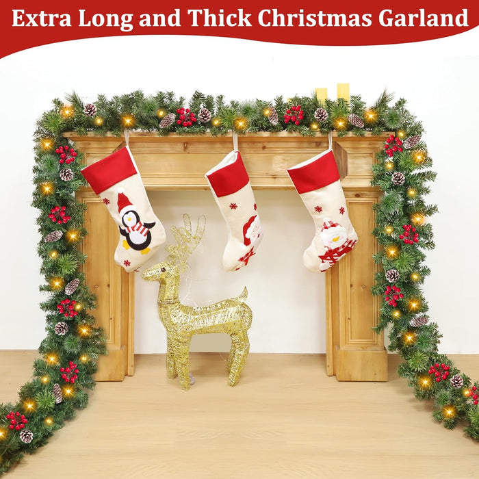 Super Long & Timer 8 Modes - 18 Ft by 10 Inch Prelit Outdoor Christmas Garland for Stair Porch Front Door Mantle, Battery Operated 100 Warm Lights Thick 460 Branch 15 Pinecone 165 Berry Cedar Garland