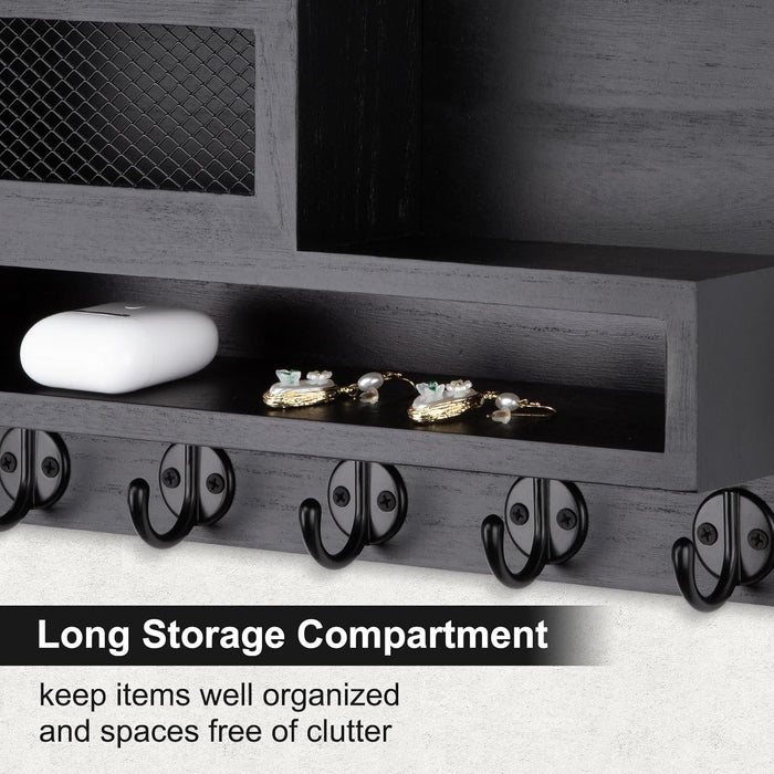 Key and Mail Holder Wall Mount, Key Hanger with Long Storage Box and 5 Hooks for Coat, Dog Leash, Home Decor Rack, House Accessories, Entry Way Organizer 11.8”W x 7.8”H x 3.2”D