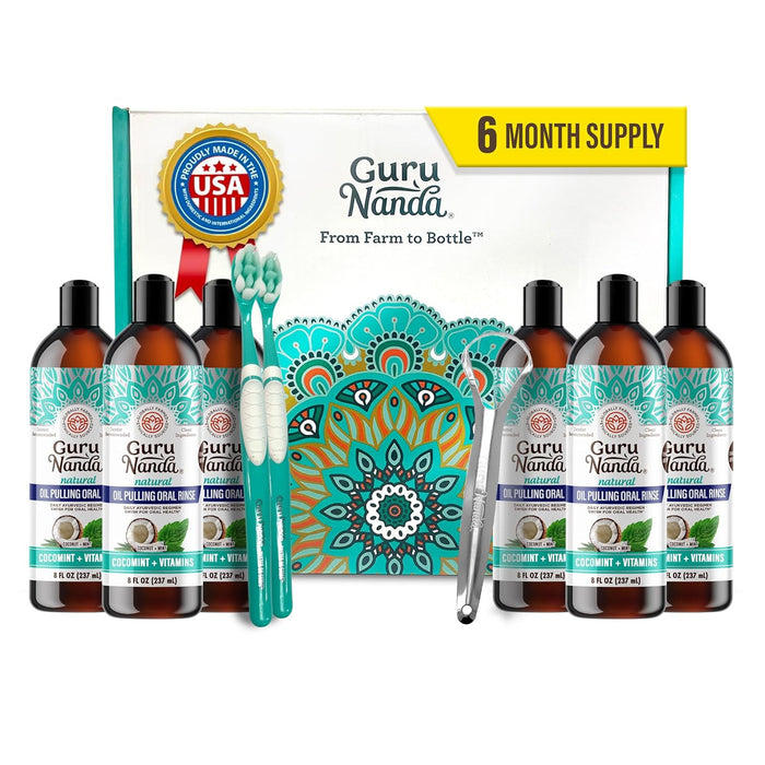 GuruNanda CocoMint Oil Pulling Mouthwash for Complete Oral Hygiene, 7 Essential Oils & Vitamins for Happy Teeth & Gums & Fresh Breath , Alcohol-Free, 8 oz