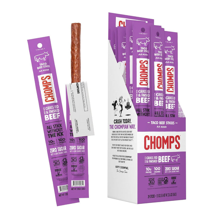 Chomps Grass-Fed and Finished Original Beef Jerky Snack Sticks 24-Pack, Keto, Paleo, Whole30, 10g Protein, Gluten-Free