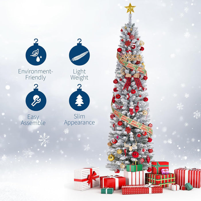 7.5ft Prelit Flocked Pencil Christmas Tree with Lights, Slim Artificial Xmas Tree with Snowy Branch Tips & Sturdy Metal Stand for Indoor Holiday or Party Decor