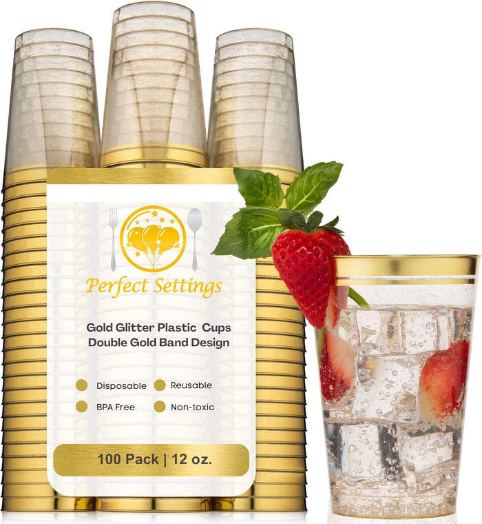 Perfect Settings Gold Rimmed Disposable Plastic Cups, Clear Hard Plastic Drinking Glasses for Cold Beverages & Cocktails, BPA-FREE, Disposable Wedding Cups, 16 oz. (Pack of 100)
