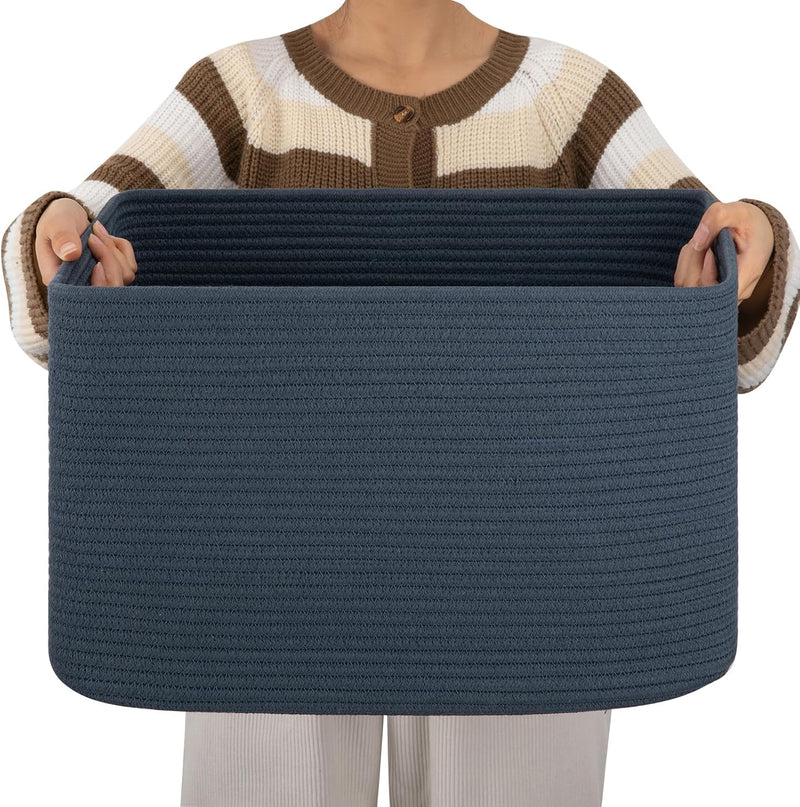 OIAHOMY 75L Large Woven Cotton Rope Storage Basket with Handle for Organizing Blanket and Toys for Living Room, Nursery, Brown Variegated 22”x17”x12”