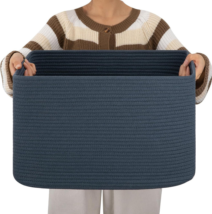 OIAHOMY 75L Large Woven Cotton Rope Storage Basket with Handle for Organizing Blanket and Toys for Living Room, Nursery, Brown Variegated 22”x17”x12”