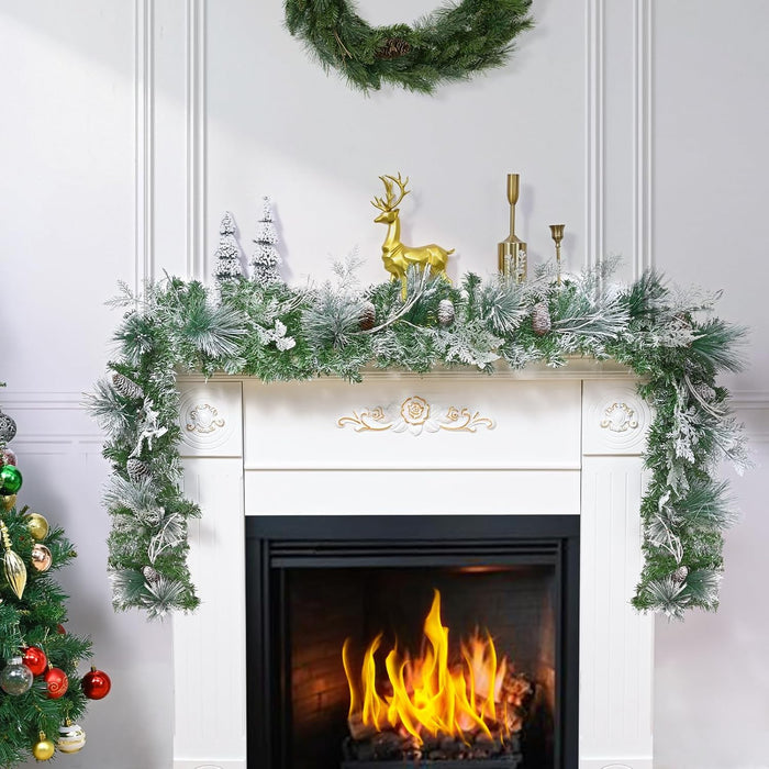 6 FT Christmas Garland with Lights, Artificial Flocked Pine Garland for Mantle, Lighted Garland Real Touch Norfolk Pine with Frost Leaves Pinecones for Indoor Outdoor Christmas Decorations