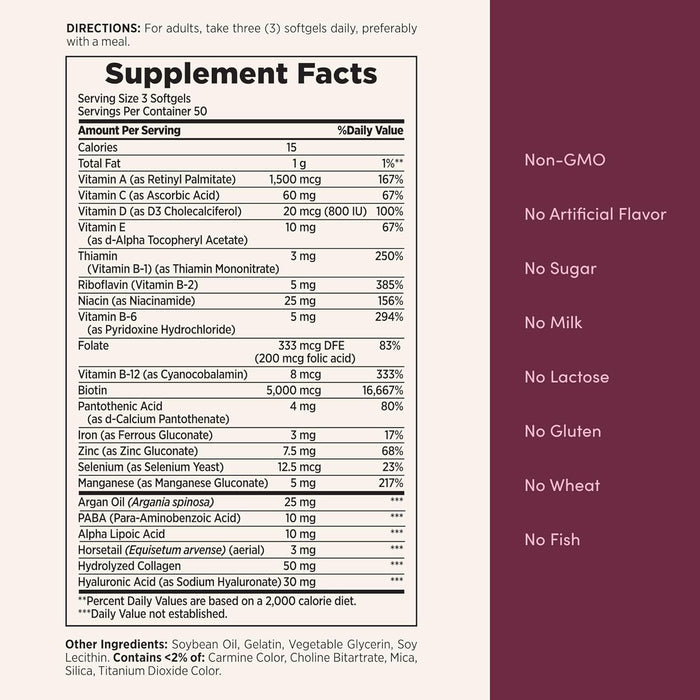 Nature's Bounty Advanced Hair, Skin & Nails, Argan-Infused Vitamin Supplement with Biotin and Hyaluronic Acid, 150 Rapid Release Softgels, 50 Total Servings