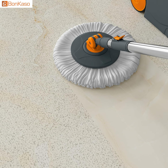Bonkaso Spin Mop with Stainless Steel Wringer & Big Wheels | 360° Rotating Mop, Adjustable Handle | Easy Floor Cleaning Bucket Set with 2 Microfiber Refills – Grey & Orange (46 x 26.5 x 23 cm)