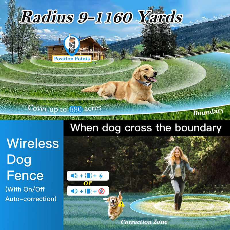 GT1-Wireless Dog Fence & Ultrasonic Training Collar - 1160-Yard Adjustable Boundary for Outdoor, 4 Modes (Beep/Vibration/Static/Ultrasonic), Waterproof, 185-Day Standby-1 Dog