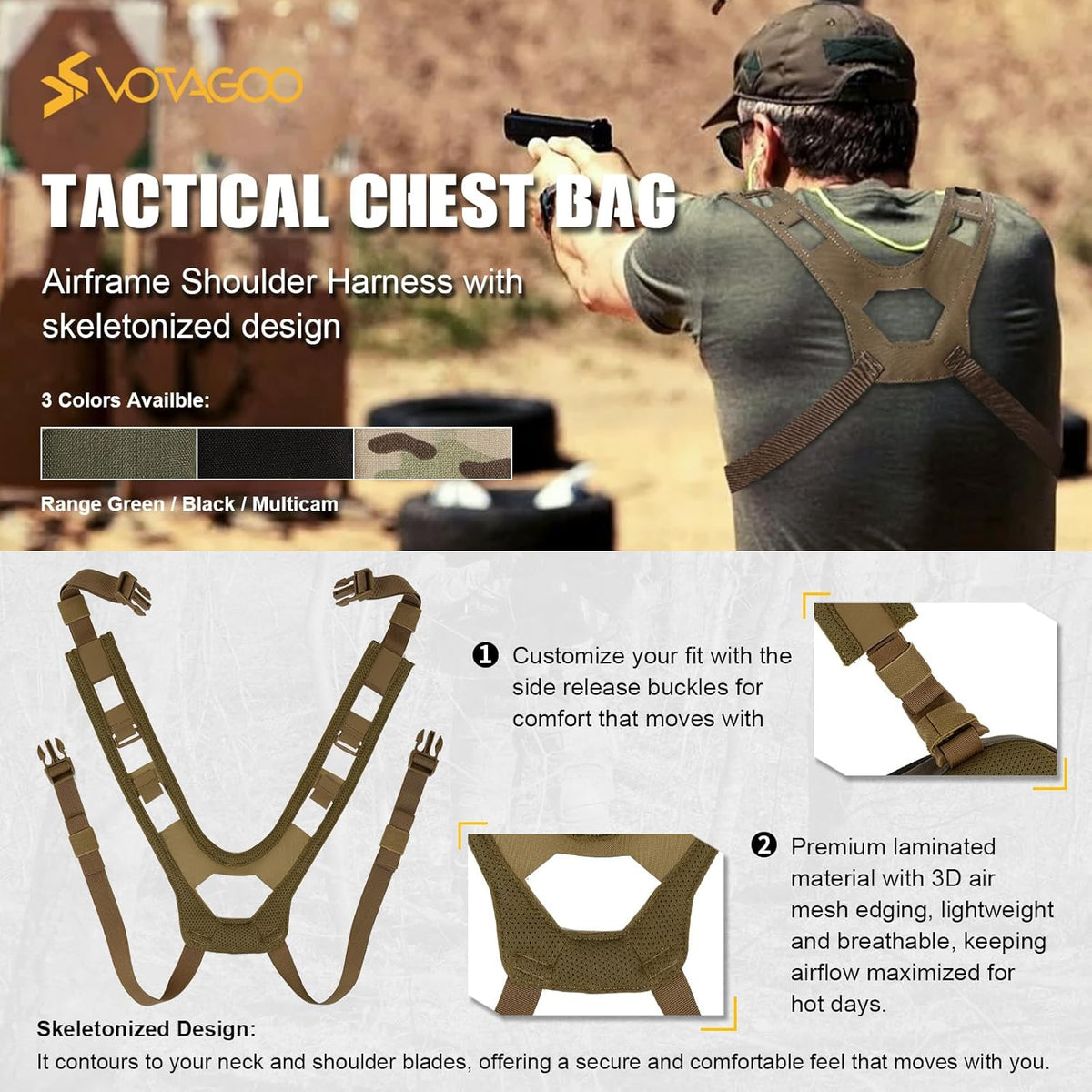 Tactical Chest Rig Bag, 3L Utility Hypalon Molle Chest Rig With Map Pocket 500D Cordura Chest Bag for Hunting Workouts (Ranger Green)