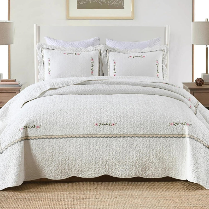MarCielo 3-Piece 100% Cotton Oversized Bedspread Lightweight Quilt Coverlet Embroidery Farmhouse Bedding Set (TG Bright White, Oversized King (118"x106"))