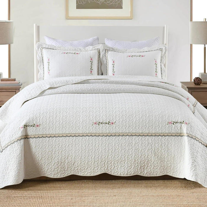 MarCielo 3-Piece 100% Cotton Oversized Bedspread Lightweight Quilt Coverlet Embroidery Farmhouse Bedding Set (TG Bright White, Oversized King (118"x106"))