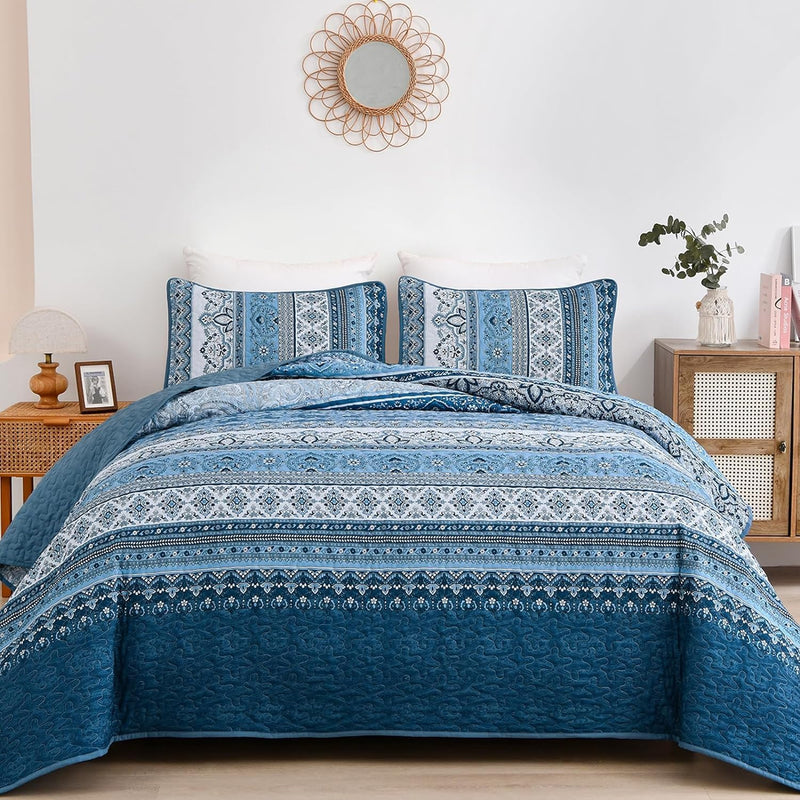 WONGS BEDDING Bohemian Quilt Set King Size, Boho Striped Printed Bedding Bedspread Coverlet Set for All Season, Lightweight Microfiber Quilts with 2 Pillowcases 104"x90" (3 Pieces, Colorful)