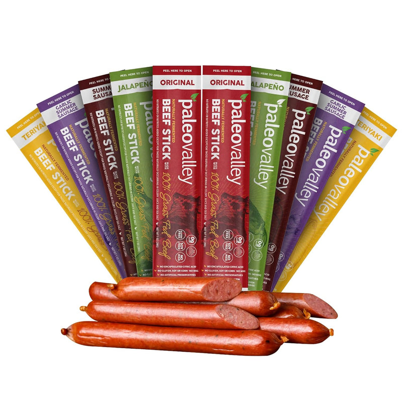 Paleovalley 100% Grass Fed Beef Sticks - Delicious Gluten Free Beef Snack - High Protein Keto Friendly, 40 Count Variety Pack