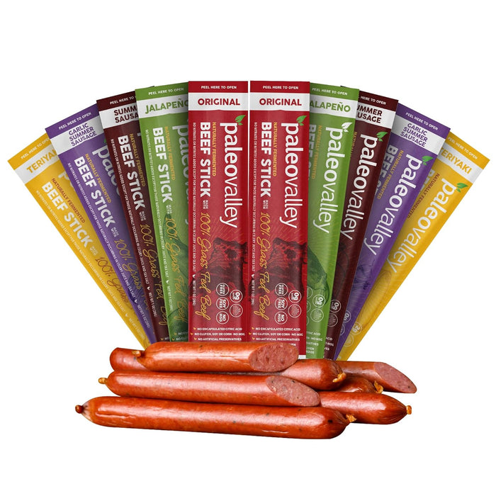 Paleovalley 100% Grass Fed Summer Sausage Beef Sticks - Delicious Gluten Free Beef Snack - High Protein Keto Friendly