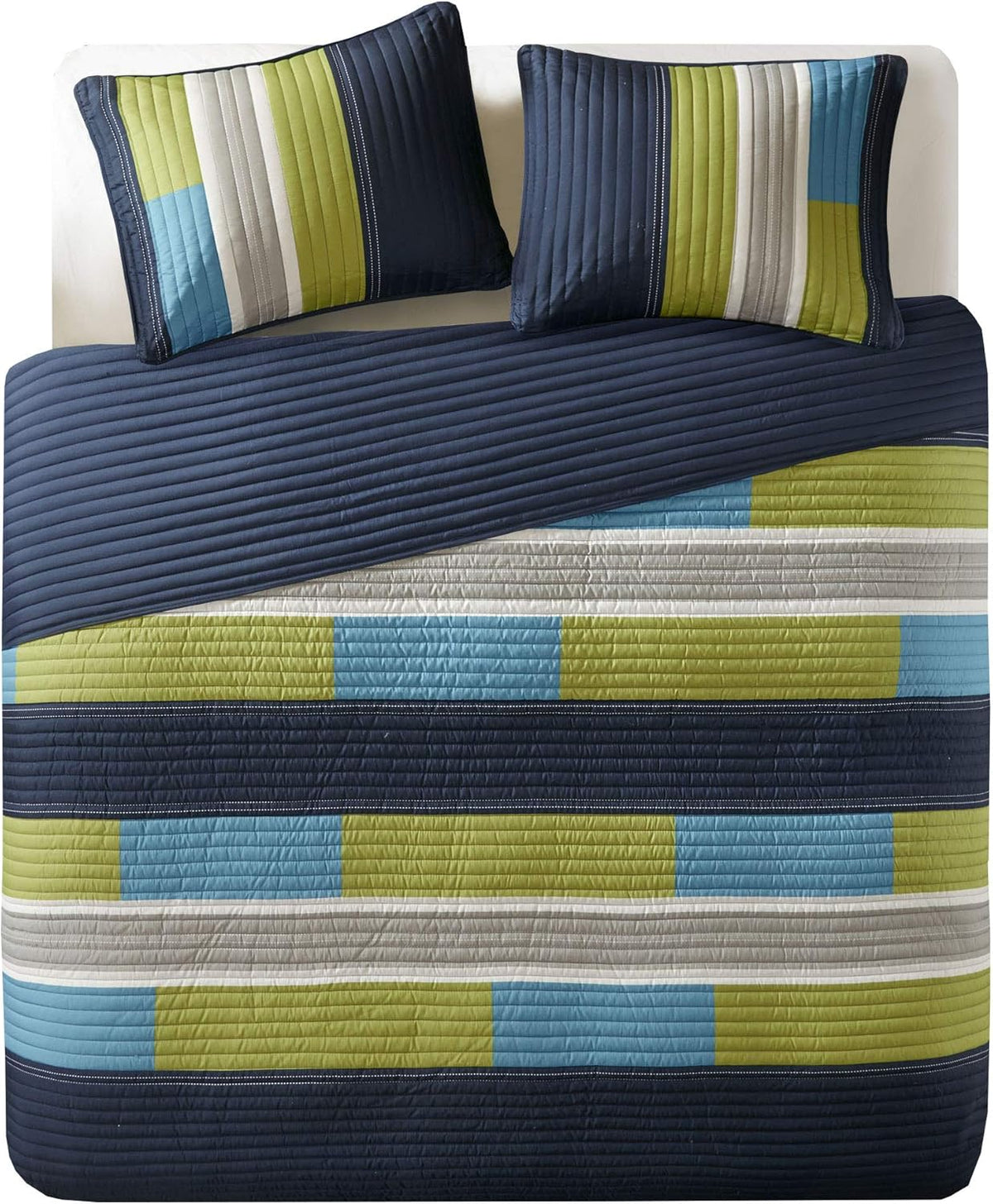 Comfort Spaces Quilt Set Trendy Casual Fun, Vibrant Color Design, Hypoallergenic All Season, Lightweight Coverlet Bedspread Cozy Kids Bedding & Sham Full/Queen Verone White Blue Stripe 3 Piece