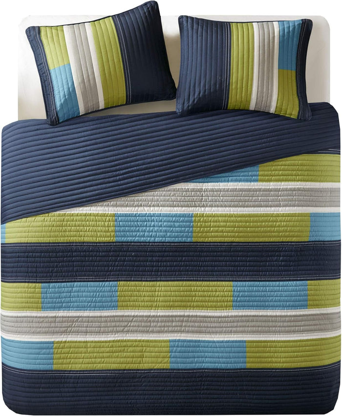 Comfort Spaces Quilt Set Trendy Casual Fun, Vibrant Color Design, Hypoallergenic All Season, Lightweight Coverlet Bedspread Cozy Kids Bedding & Sham Full/Queen Verone White Blue Stripe 3 Piece