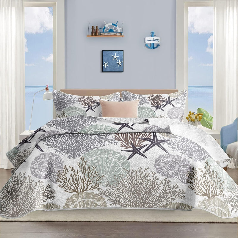 Tritard 3 Piece Coastal Quilt Sets Full/Queen Size - Reversible Microfiber Quilts with 2 Shams Soft Lightweight Beach Bedding Nautical Bedspread Coverlet Summer Comforter for All Season, 90''x96'', C1