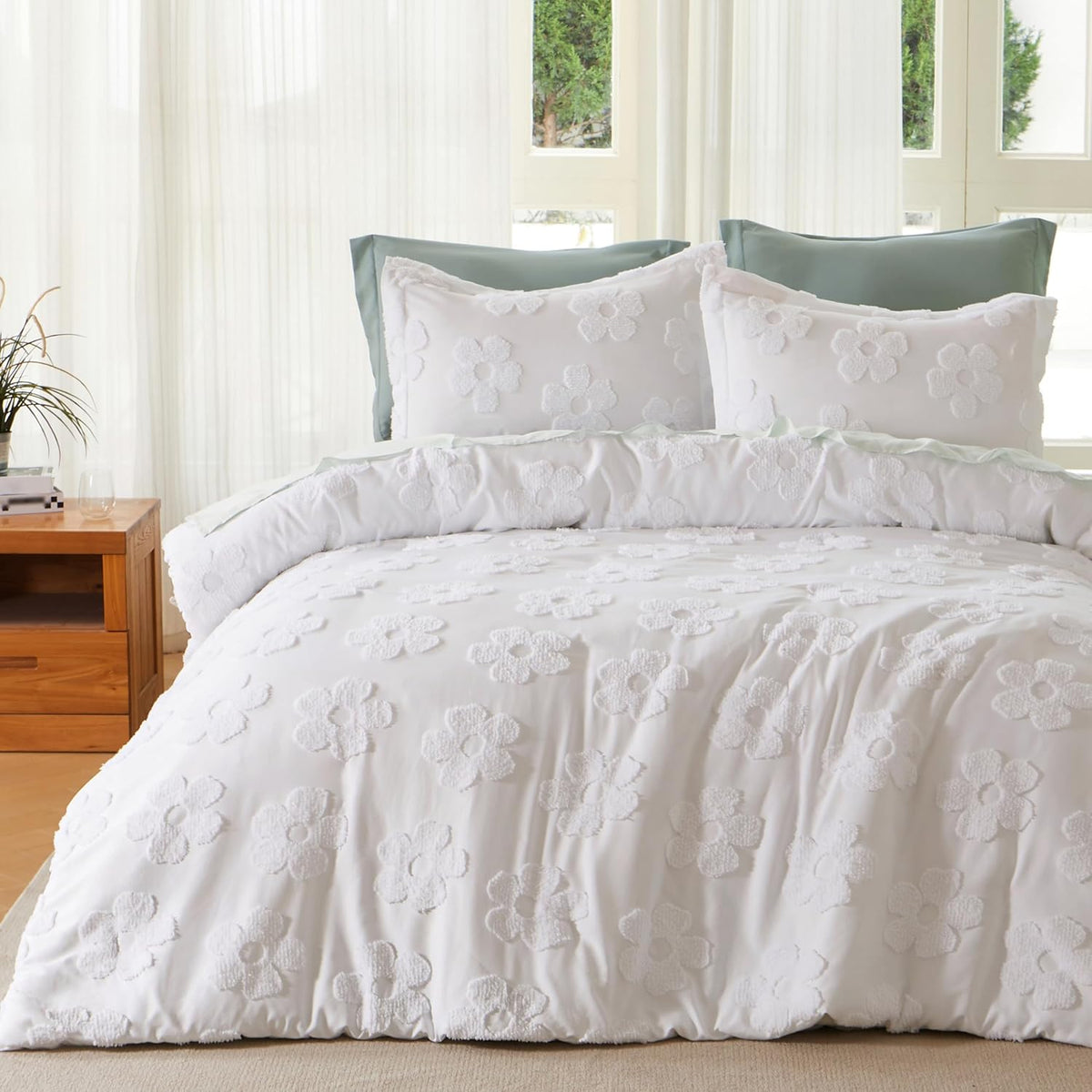 Joiedomi Tufted King Size Comforter Set, 3 Pieces Beige Boho King Bedding Set with 1 Plaid Geometric Comforter and 2 Pillow Shams, Checkered Bed in a Bag for All Seasons