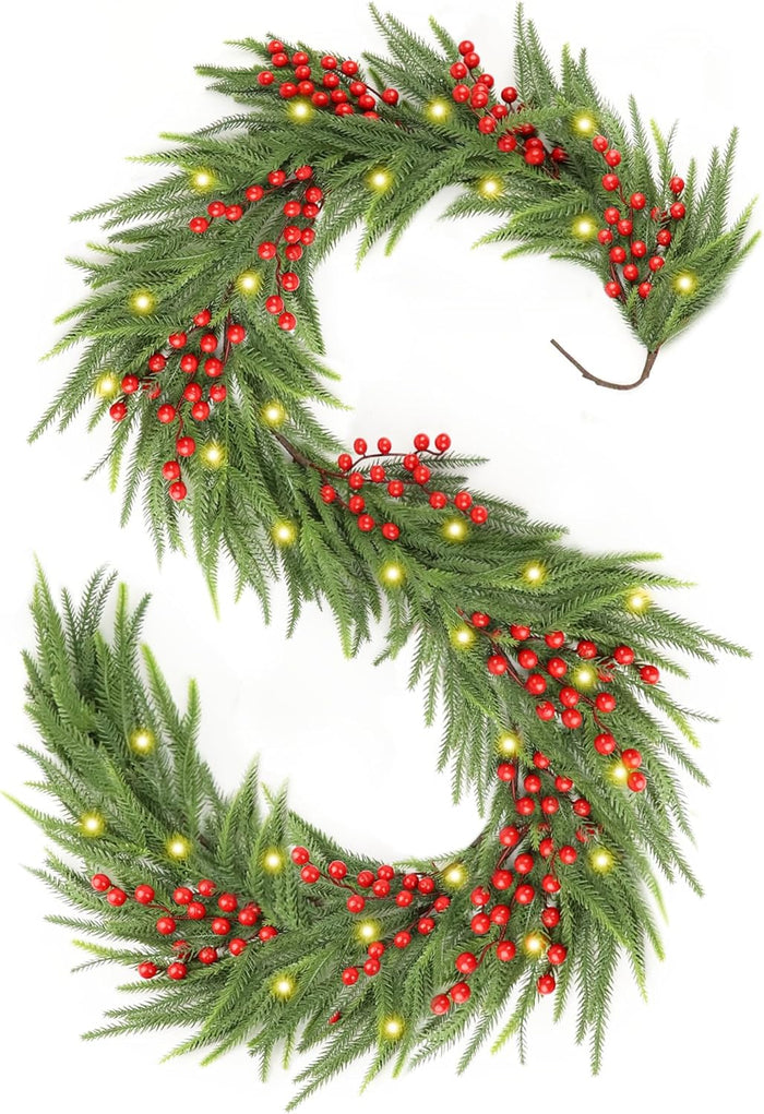 Christmas Norfolk Pine Garland,Real Touch Faux Winter Greenery Garland with Light for Stairs Table Fireplace Backdrop Wall,Christmas Holiday Seasonal Winter Decor (6ft)